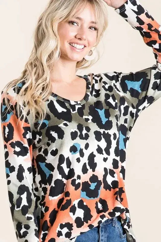 BiBi Gradation Leopard Print Soft Knit Deep U Neck Top - Love Salve